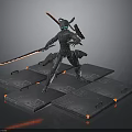 Armored Cyborg Warrior With Glowing Red Swords On Platform With Red Markers