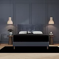 Double Bed With Gray Headboard Dark Blue Walls Pendant Lights Nightstands Flowers Rug Wooden Floor