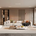 Modern Living Room Interior With Beige Sofa Throw Pillows Wooden Accent Wall And Coffee Table