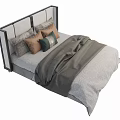 Modern Double Bed With Metal Frame Headboard Striped Bedspread Gray Blanket And Pillows 3d model