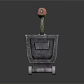 Goose Wearing Red Hat Sitting In Black Cart With Metal Wheels
