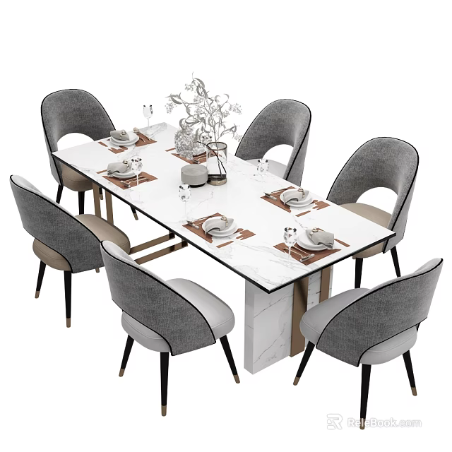 Modern Dining Table Set With Marble Top Six Grey Chairs And Decorative Centerpiece 3d model