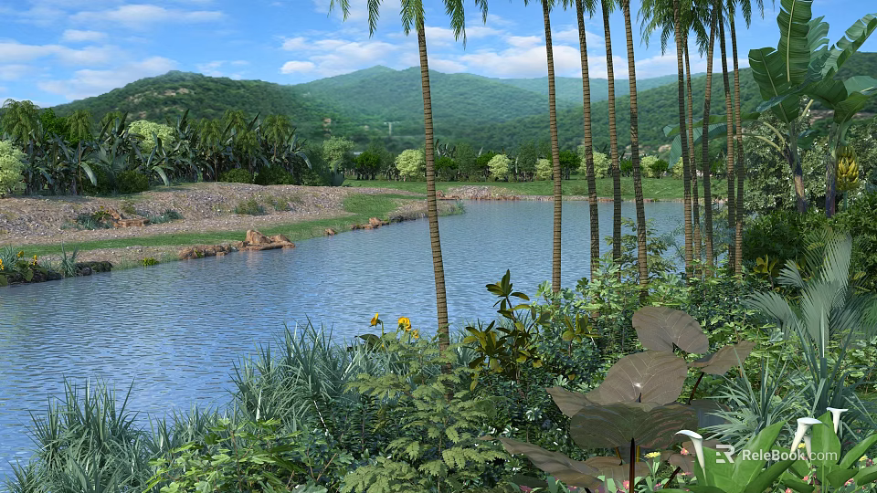 Tranquil Lakeside Scenery With Tall Palm Trees Green Mountains Yellow Flowers And Lush Vegetation 3d model 