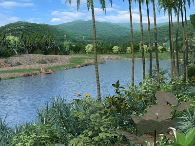 Tranquil Lakeside Scenery With Tall Palm Trees Green Mountains Yellow Flowers And Lush Vegetation 3d model
