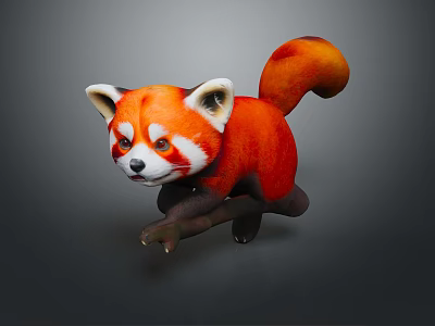 Adorable Orange Red Panda Plush Figure With White Ears Perched On Tree Branch 3d model