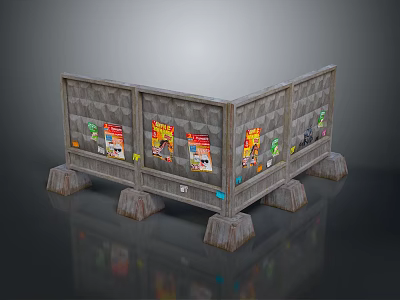 Textured Gray Panel Display Stand With Multiple Sections Colorful Posters And Supporting Pillars 3d model