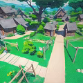 Rural Village Scene With Green Grass Pathway Wooden Cottages Trees And Fences