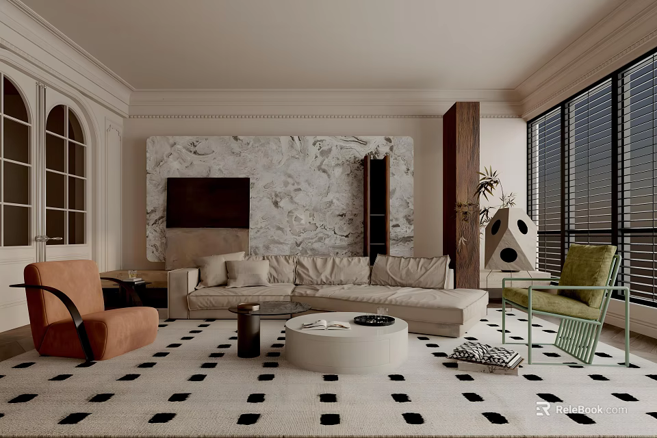 Elegant Modern Living Room Interior With Neutral Sofa Marble Wall And Patterned Rug 3d model 