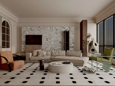 Elegant Modern Living Room Interior With Neutral Sofa Marble Wall And Patterned Rug 3d model