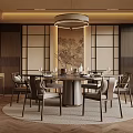 Traditional Chinese Private Dining Room With Round Table Wooden Decor And Pendant Light 3d model