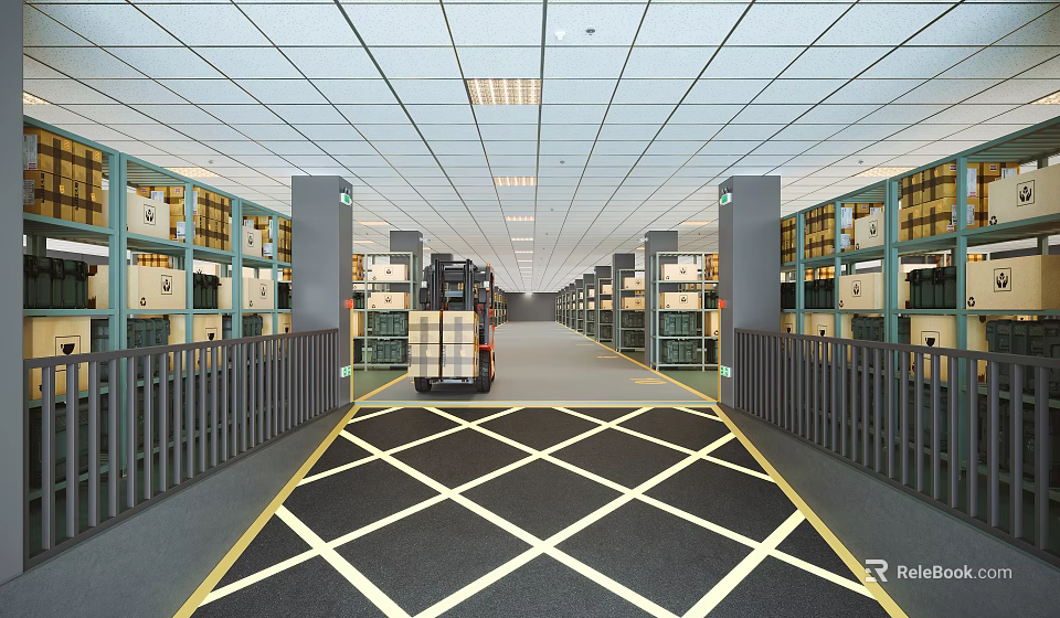 Spacious Warehouse Interior With Forklift Rows Of Storage Racks And Checkerboard Floor 3d model 