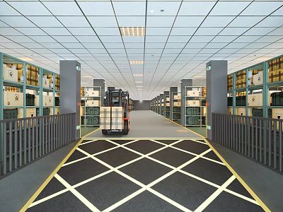 Spacious Warehouse Interior With Forklift Rows Of Storage Racks And Checkerboard Floor 3d model