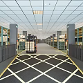 Spacious Warehouse Interior With Forklift Rows Of Storage Racks And Checkerboard Floor