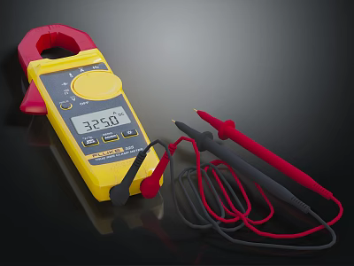 Yellow Digital Clamp Multimeter With Clear Display And Red Black Test Leads 3d model