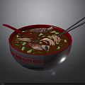 Delicious Red Bowl Soup Served with Noodles Meat Slices Green Onions Chopsticks Spoon
