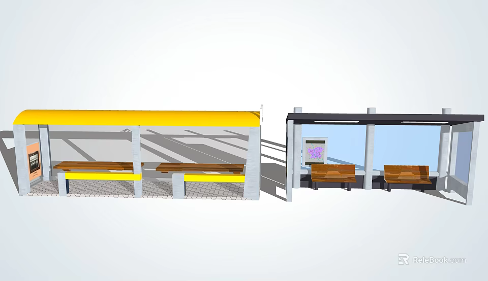 Modern Bus Stop Design With Yellow Roof Wooden Benches And Transparent Shelter 3d model 