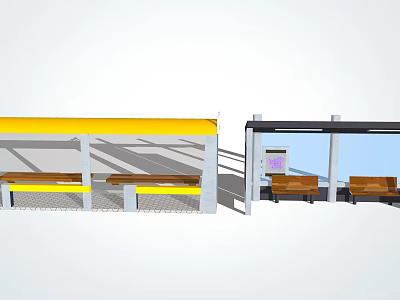 Modern Bus Stop Design With Yellow Roof Wooden Benches And Transparent Shelter 3d model