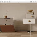 Modern White Bedside Tables With Leather Storage Metal Stand Books Golden Bowl And Decorative Balls