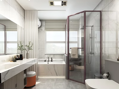 Modern Bathroom Interior With Marble Walls Glass Shower Bathtub And Vanity Sink 3d model