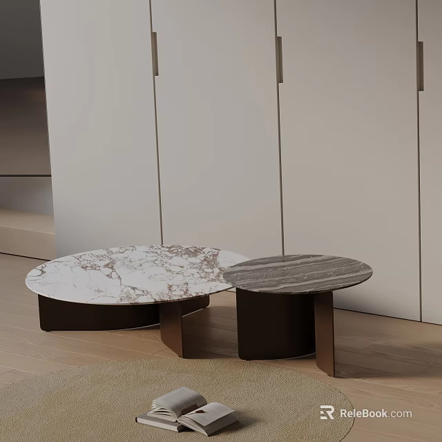 Modern Two Piece Round Coffee Table Set With Marble Texture And Wooden Base 3d model