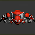 Red And White Metallic 3D Robot Character With Blue Core And Arm Weapons