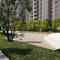 Beautiful Residential Landscape With High Rise Building Tree Lined Pathway Pink Flowers And Lawn