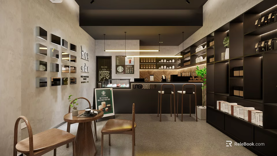 Modern Milk Tea Shop Interior With Cozy Wooden Tables Bar Counter And Green Plants 3d model 