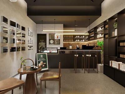 Modern Milk Tea Shop Interior With Cozy Wooden Tables Bar Counter And Green Plants 3d model