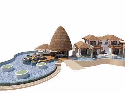 Tropical Thatched Roof House with Pool Terrace and Circular Water Features 3d model