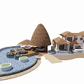 Tropical Thatched Roof House with Pool Terrace and Circular Water Features