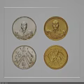 Decorative Ornament Set With Four Silver Gold Coins Portrait And Flags In Display Case