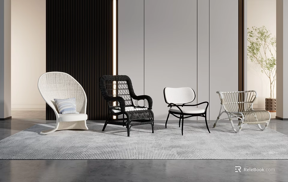 Modern Minimalist Leisure Chairs In Various Styles With Wicker And Metal Frames On Gray Rug 3d model 