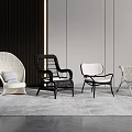 Modern Minimalist Leisure Chairs In Various Styles With Wicker And Metal Frames On Gray Rug
