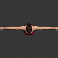 Woman in Red Tank Top and Black Skirt with Arms Outstretched Against Gray Background