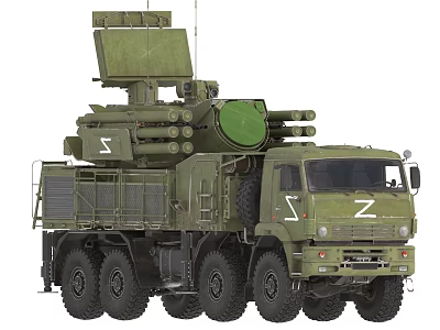 Military Weapon System On Multi Wheel Green Armored Truck With Radar And Missile Launchers 3d model
