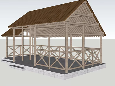 Wooden Pavilion Structure With Brown Roof Railing And Stone Base Design 3d model
