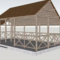 Wooden Pavilion Structure With Brown Roof Railing And Stone Base Design