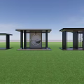 Modern Pavilion With Black Pillars Wooden Platform And Cloud Pattern On Green Grass 3d model