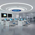 Modern Tech Office Interior With Workstations Computer Monitors And Circular Ceiling Lights 3d model