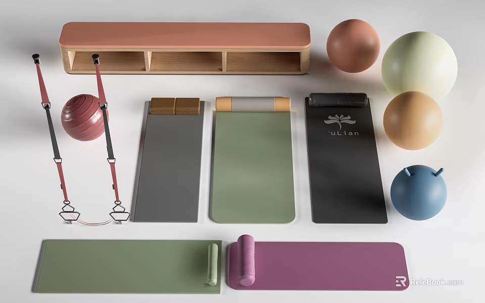 Essential Sports Equipment With Colorful Yoga Mats Exercise Balls And Wooden Storage Rack 3d model 