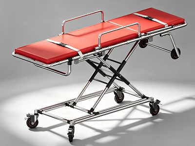 Medical Stretcher Trolley With Red Mattress Metal Frame Straps And Wheels 3d model