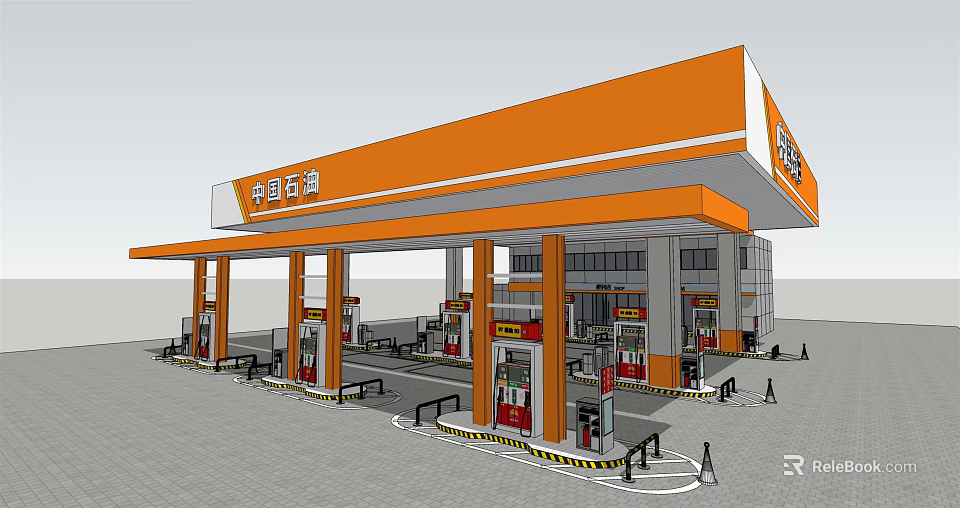 Modern Gas Station Design With Multiple Fuel Pumps Canopy And Driveway Lanes 3d model 