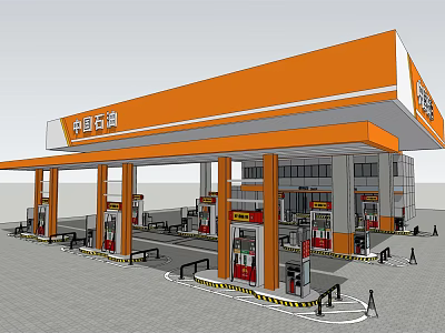 Modern Gas Station Design With Multiple Fuel Pumps Canopy And Driveway Lanes 3d model