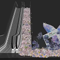 Art Installation With Colorful Flowers And Large Butterfly Sculpture Beside Escalator