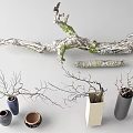 Natural Tree Branches Arranged in Ceramic and Stone Vases for Interior Decor 3d model