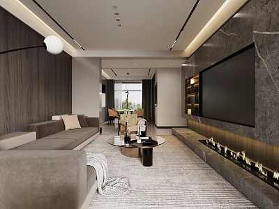 Modern Elegant Living and Dining Room Interior With Sofa Dining Table Fireplace and TV Wall 3d model