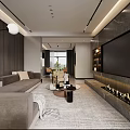 Modern Elegant Living and Dining Room Interior With Sofa Dining Table Fireplace and TV Wall