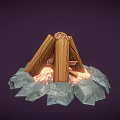 Decorative Ornament Set With Wooden Logs And Glowing Stones On Dark Background