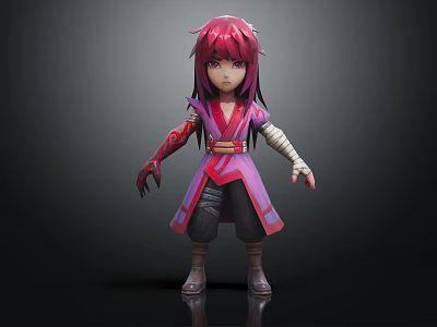 3D Anime Character With Pink Hair Purple Red Outfit Long Robe Bandages And Brown Boots 3d model