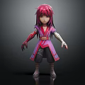 3D Anime Character With Pink Hair Purple Red Outfit Long Robe Bandages And Brown Boots